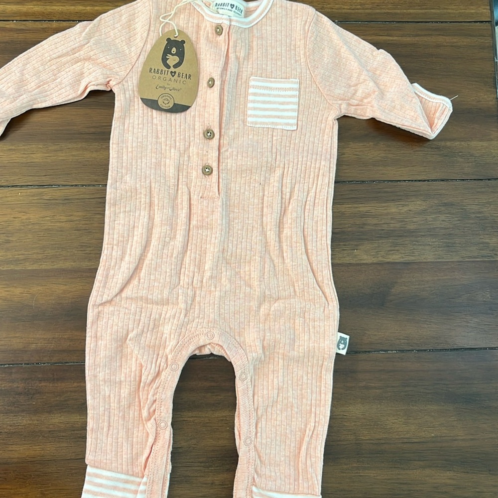 Rabbit, bear organic one piece, long sleeve infant outfit size 6 to 9 mo New